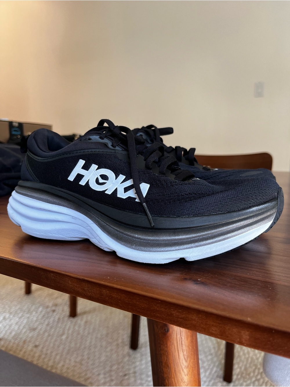 Hoka Bondi 8 Black and White Performance Running Athletic Sneaker Shoes 7.5 Wide